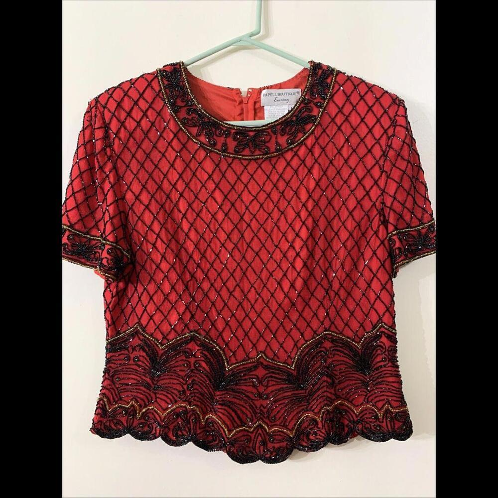 VTG Papell Boutique Womens Sz L 100% Silk Red Beaded Blouse Holiday Cocktail - Picture 1 of 9